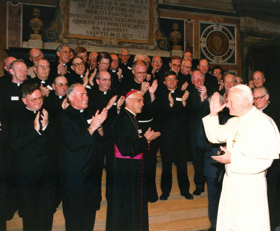 At the end of the Conference in Rome in 1992 there was a Papal Audience. This happy picture shows (front line from the left) Fr. Gordon Read, Monsignor David Cousins, Bishop Gerald Moverley, the Holy Father and Monsignor. Brown