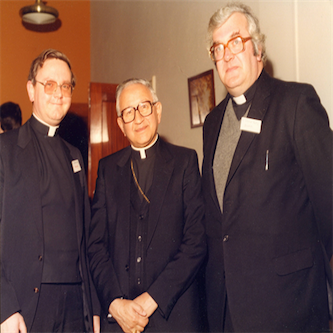 Cardinal Castillo-Lara attended the 1986 Conference of the Society in Dublin.  Pictured here on his right is Father Gordon Read; and on his left Father Donal Kelly.
