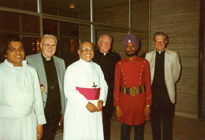 Following the publication of the Code in January 1983, discussions took place between the CLS and the CLSANZ about the next step. Monsignors Brown and Sheehy flew to Bombay to meet with Father Frank Harman (second from left) and Father Geoffrey Robinson (far right) in February 1983. Also pictured here is Archbishop (later Cardinal) Pimenta of Bombay with Mgr. Sheehy on his left.